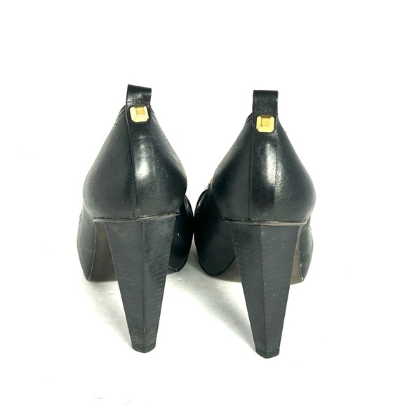 BCBG MAXAZRIA Black Buckle Studded Peep Toe Leather Heels Stiletto Shoes 7.5 B - Picture 4 of 13